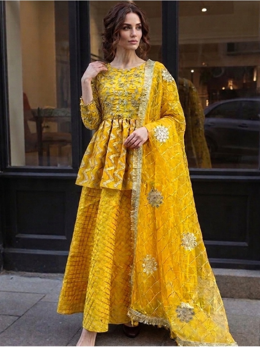 Indian Pakistani Mehndi Mayun Yellow Embroidered Women's Dress outfit Sharara